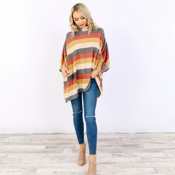 Cozy Stripe Cowl Neck Poncho - Picture 4 of 7
